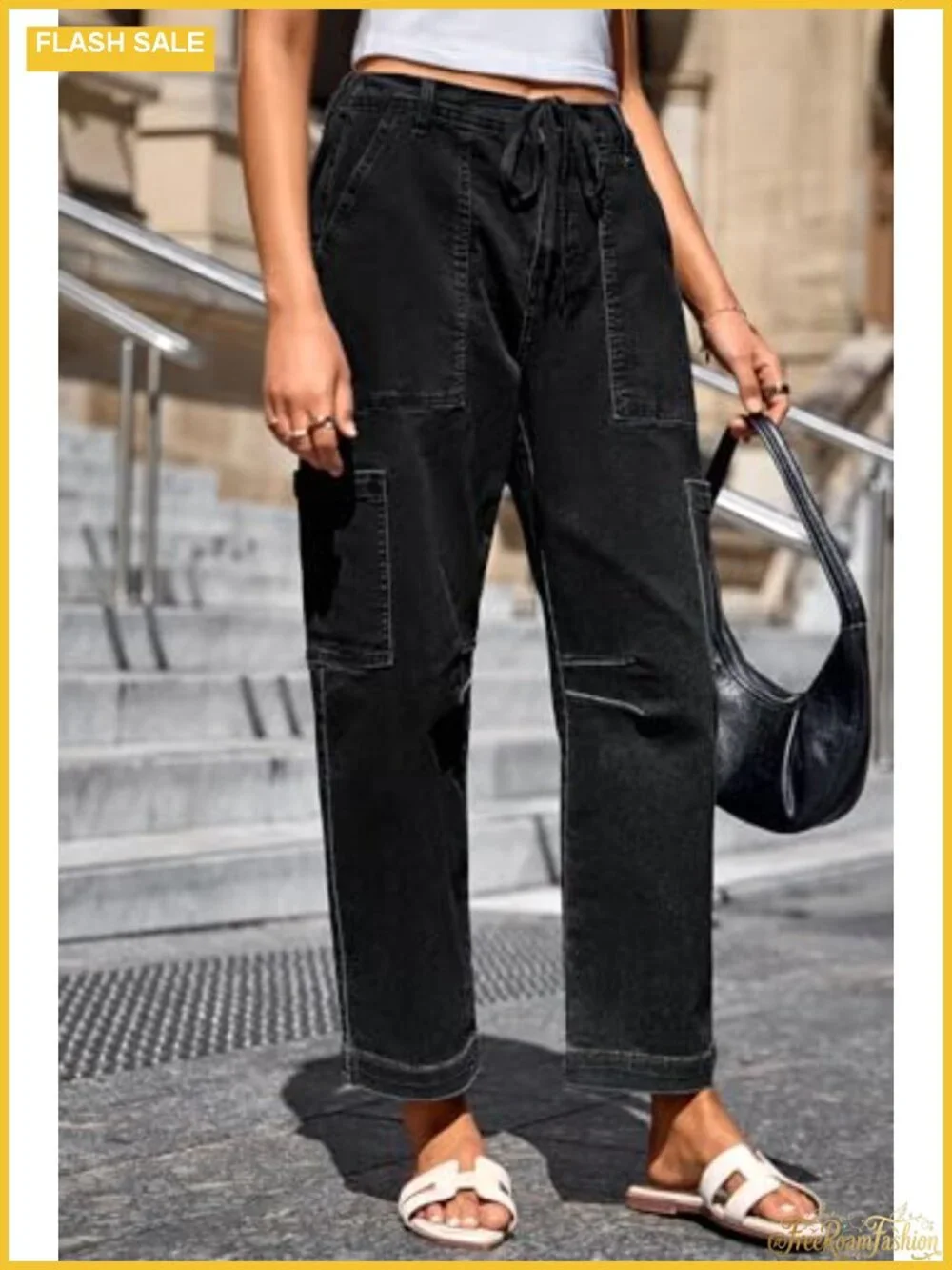 High Waisted Wide Leg Cargo Jeans Women Loose Baggy Denim Pants with Pockets